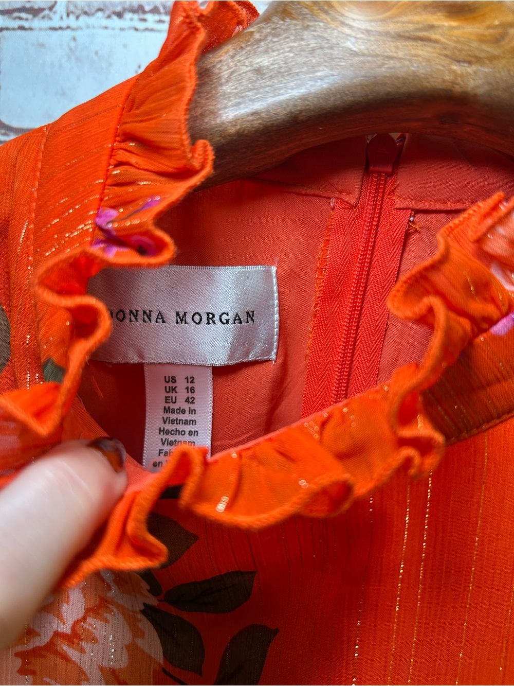Donna Morgan Sleeveless Orange Floral Tiered Ruffle Lace Eyelet Dress Size 12 - Picture 7 of 8